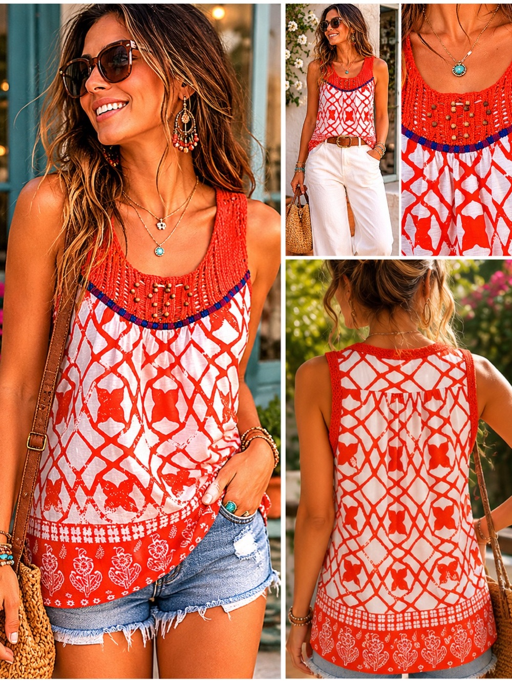 Anthropologie Meadow Rue Boho Crochet Tank Top XS Orange White Artisan